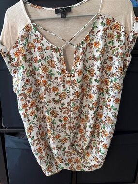 BCX Cream and Orange Floral Crisscross V-Neck Top
